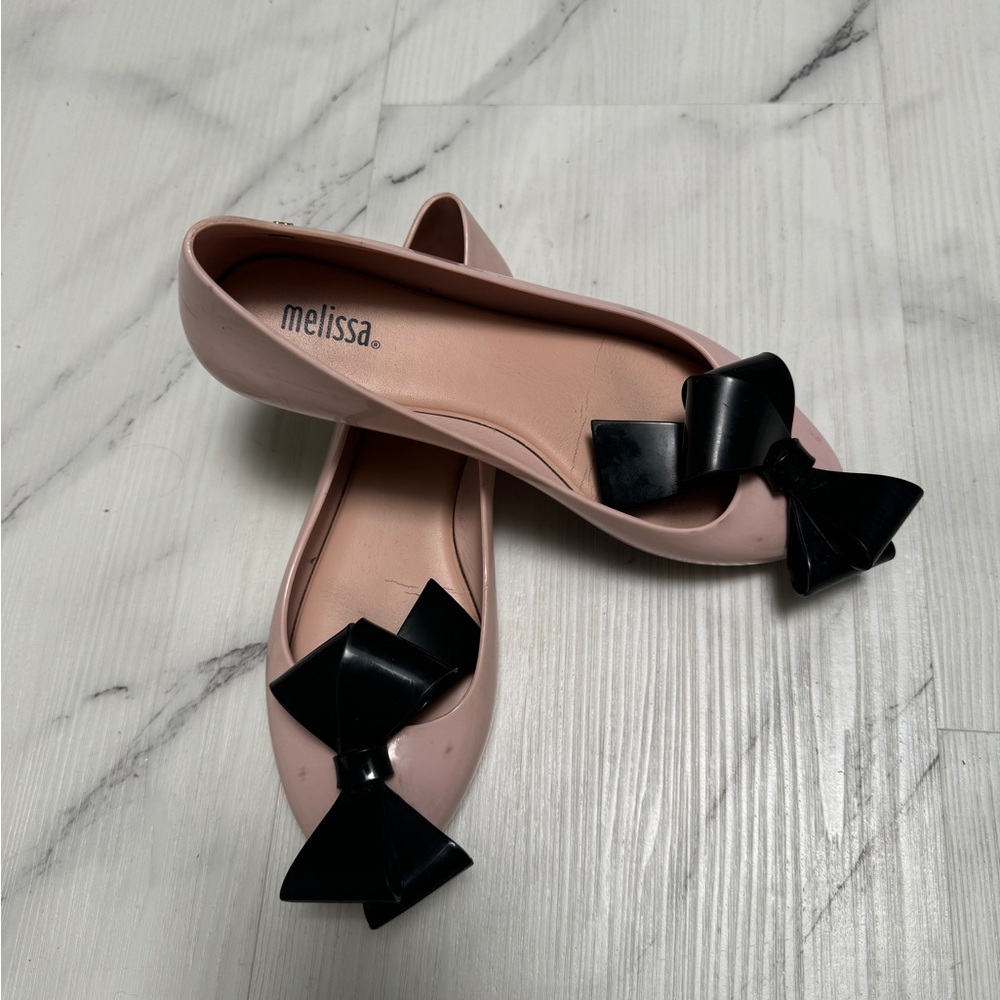 Melissa Pink and Black Ballet Flats with Velvet Bow